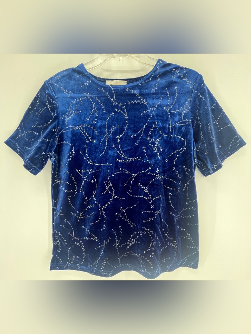 Vintage Royal Blue Velour Botanical Vine Glitter Tee Top Shirt M